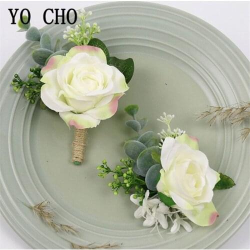 YO CHO Artificial Flower Wedding Boutonnieres Champagne Bride Wrist Corsage Groomsmen Boutonniere Silk Rose Wedding Party Flower