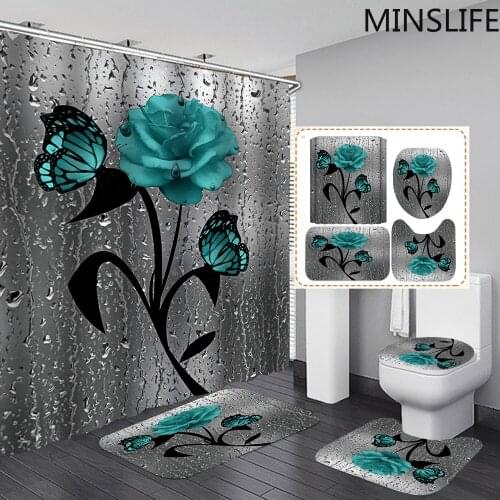 Green Rose and Butterflies Pattern Bathroom Sets with Shower Curtains Carpet Cover Toilet Cover Bath Mat Pad Rugs Home Decor
