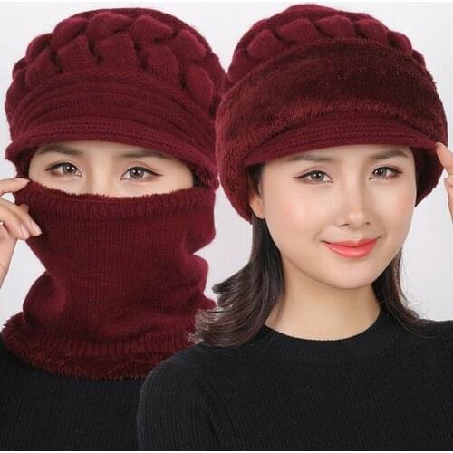 Female Lady Winter Woolen Hats Plus Velvet Thickening Warm Windproof Cycling Hat Knitting Fur Warm Knited Hat Scarf Set
