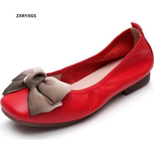 100% Genuine Leather Female Flat Shoes Elegant Bow Square Head Fashion Shoes 2020 New Spring Soft Comfortable Shoes Woman Flats