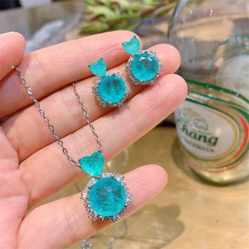 QTT Luxury Heart CZ Women Wedding Sets Earring/Necklace High-quality Silver Paraiba Emerald Color Jewelry Eternity Accessories