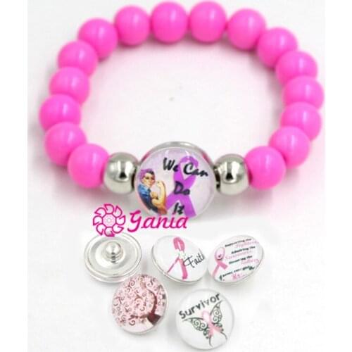 1PC Bracelet 6PCS of DIY Buttons Breast Cancer Awareness Pink Ribbon Jewelry Chunky Pink Ribbon Beaded Bracelet Bijoux