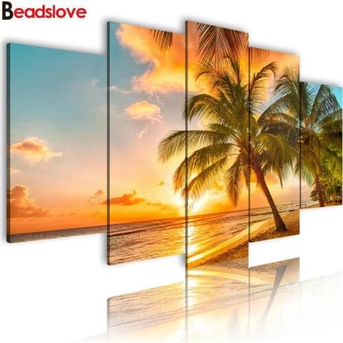 5d DIY Diamond Painting sunset coconut tree natural scenery Full Diamond Embroidery 3D Diamond Mosaic Needlework 5 pcs
