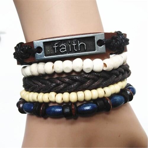 Faith Cross Wooden Beads Wrap Handmade Woven Men Leather Bracelets Women Vintage Bangle Male Homme Jewelry Accessories