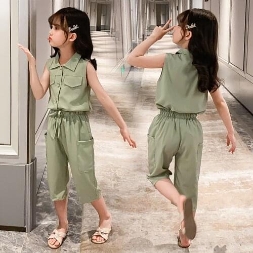 Girls Summer Chiffon Clothing Set Tops+Pants 2 Pcs Children Clothes Girls Casual Solid Color Costume Fashion New 2021
