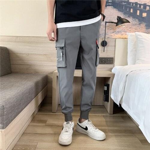 Summer Mens Pants Tie Feet Overalls Harajuku Thin Ankle-Length Cargo Trousers Sportswear Boys Joggers Male Clothes 2021