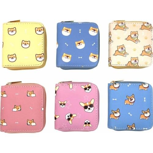 Fashion Korean Style Cute Corgi Design Women Mini Card Holder Leather Wallet Casual Zipper Short Purse