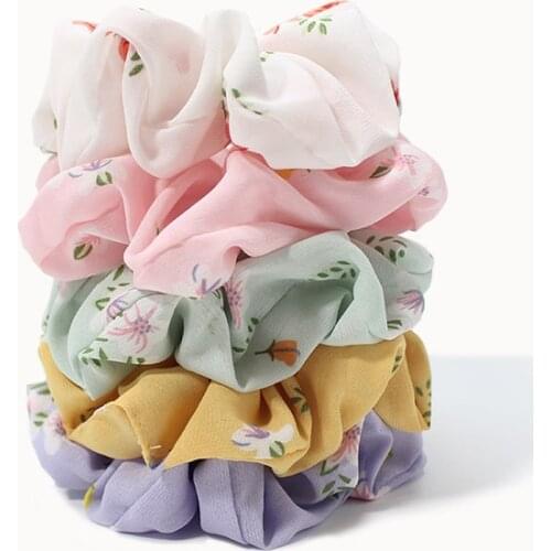 Soft Chiffon Flower Scrunches Wholesale Scrunchy Pack Korea Kawaii Sweet Pattern Hair Rubber Bands For Women Summer Hair Bands
