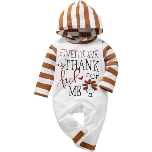 Autumn Cotton Toddler Kids Baby Hooded Striped Jumpsuit Long Sleeve Letter Print Romper Thanksgiving Outfits