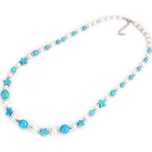 Ethnic Style Silver Plated Star and Round Green Turquoises Stone Pendant Artificial Pearl Necklace Charm Jewelry