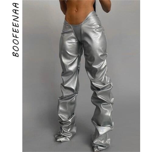 BOOFEENAA Sexy PU Faux Leather Pants Black Silver Streetwear Women Fall Clothing Low Rise Ruched Stacked Pants C87-DD34