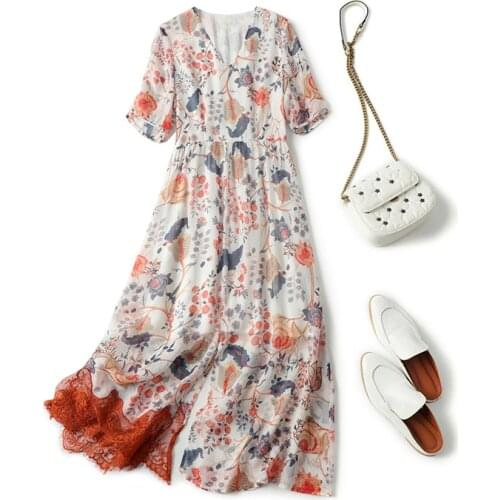 Heavy mulberry Silk Dress New European American wemen Summer Autumn V-neck short Sleeve Printed medium length Skirt one-piece