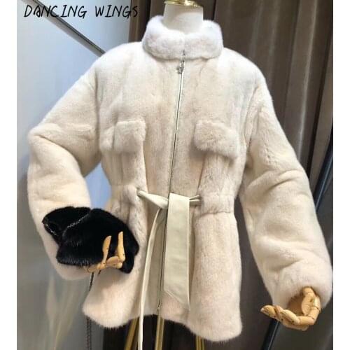 Casual natural real mink fur coats for women winter warm stand collar genuine mink fur jacket with belt