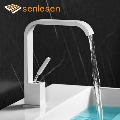 Senlesen White Bathroom Basin Faucet Nordic Curved Design Hot and Cold Water Mixer Tap Crane Deck Mounted for Vessel Sink