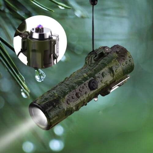 Outdoor Camping LED Flashlight Windproof Cigarette Lighter Dual Arc Seal Waterproof USB Charging Lighter Gadgets for Men Gift
