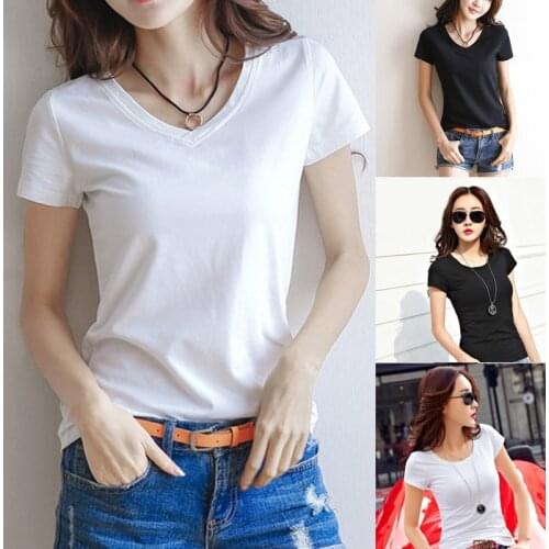 Women Basic Tee Shirt Casual V-Neck Short Sleeve Female Cotton Tee Slim Black White T-Shirt Streetwear Lady Solid Tshirt Tops