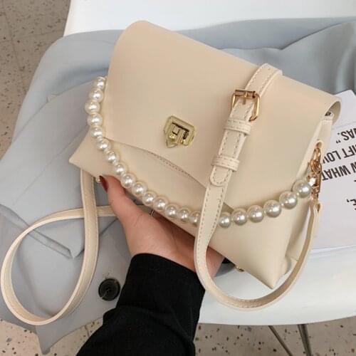 High Quality Womens Pearl Chain Handbag Fashion PU Leather Casual Messenger Bag Designer Ladies Simple Solid Color Shoulder Bag