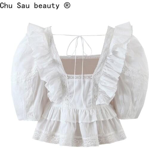 2021 Spring Summer New Vintage Square Collar Lace Stitching Ruffled Puff Sleeve Blouses Crop Top For Women Camisas De Mujer