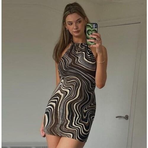 2021 New Women’s Sexy Bandage Halter Dress Fashion Printing Round Neck Backless Skinny Short Dress