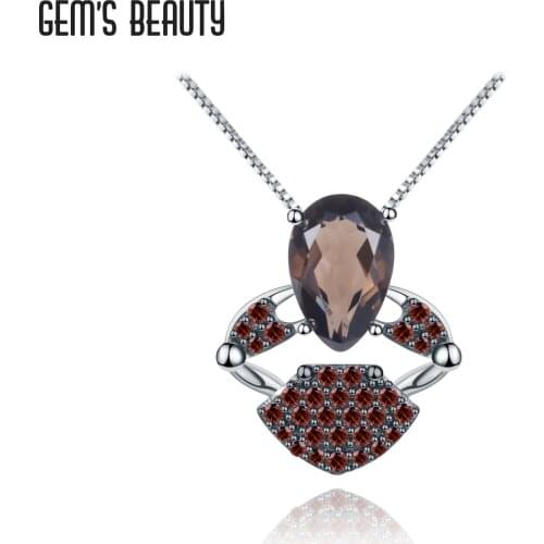 GEMS BEAUTY 925 Sterling Silver Jewellery Necklace For Women Vintage Pear Cut Natural Smoky Quartz Handmade Pendant Necklace