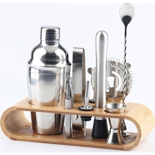 10 Pcs/Set Stainless Steel Cocktail Set Bar Bartending Tool Barware Set Shaker Set with Wooden Rack Home Drink Party Accessories