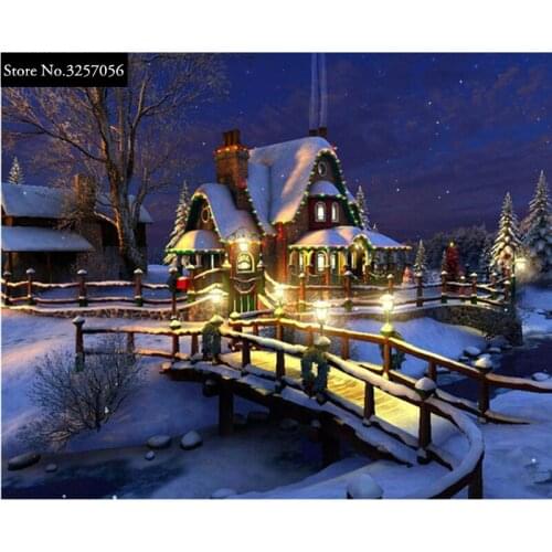 5D DIY Diamond Painting Resin Round Drill Cut Mosaic Diamond Embroidery Needlework Landscape Snow House Christmas Decoration