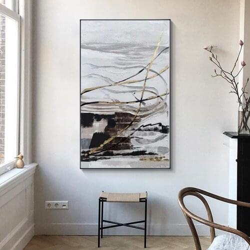 Abstract Gray Black Oil Painting With Gold Foils 100% Hand Painted On Canvas Modern Handmade Wall Art For Living Room Home Decor