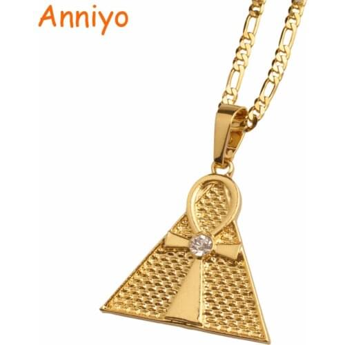 Anniyo Egyptian Ankh Cross & Pyramid Pendant Necklace Woman/Men,Gold Color African Jewelry Egypt Hieroglyphs,Crux Ansata #096806