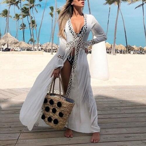 Hollow Crochet Swimsuit Beach Dress 2020 White Cover Up Women Lace Up Tunic Wear Dress Ladies Sexy Swimwear Female Cover-ups