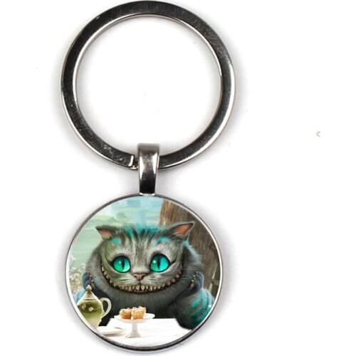 Alice in Wonderland cat metal glass cabochon handmade key ring movie lover fashion bag key chain