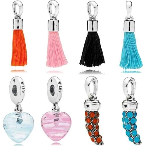 Diy Charm Bohemian Fabric Tassel Ribbon Turquoise Amulet Pendant 925 Sterling Silver Bead Fit Pandora Bracelet Jewelry