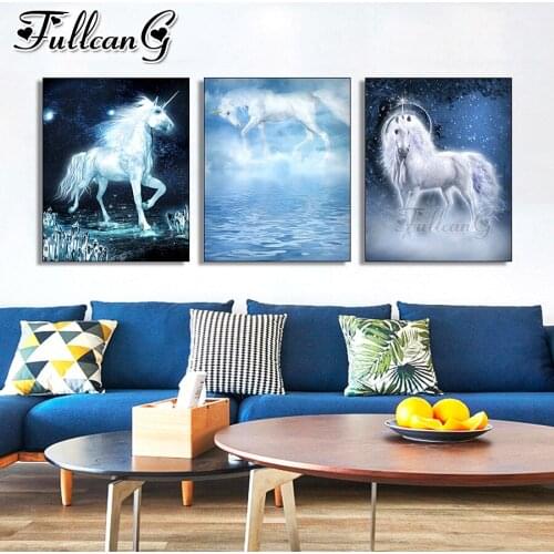 FULLCANG 5d diy diamond embroidery white unicorn painting triptych needlework full square round drill wall decoration FC3655