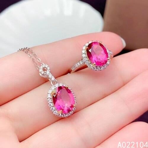 KJJEAXCMY fine jewelry 925 sterling silver inlaid Natural pink topaz women elegant lovely oval gem pendant ring set support dete