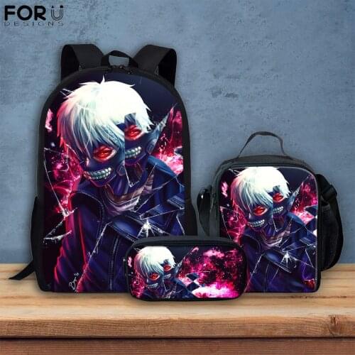 FORUDESIGNS Japanese Anime Tokyo Ghoul Printed 3pcs School Bag Sets for Teen Boys Girls Primary Elementary Children Meal Package