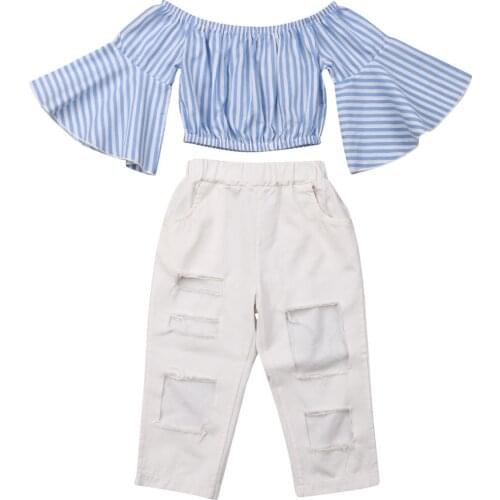 Newest Fashion 2pcs Toddler Baby Girls Clothes Off Shoulder Striped Flare Sleeve T-shirt Tops+White hole Long Pants Outfit 1-6T