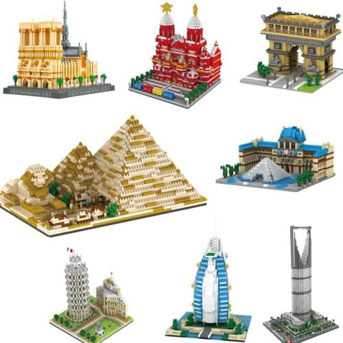 City Architecture Building Blocks Castle Louvre Museum Notre Dame de Paris Khalifa Tower Pyramid Bridge Micro Brick Toys For Kid