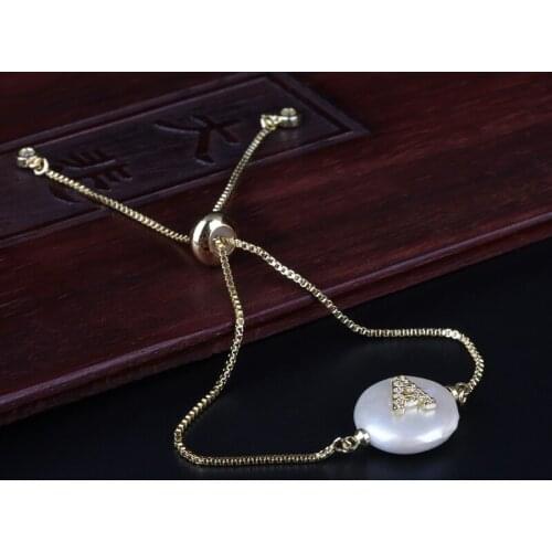 Micro Pave CZ initial 26 Alphabet Letter Name Charm Natural Freshwater Coin Pearl Gold Chain Bracelet For Women Girl Jewelry