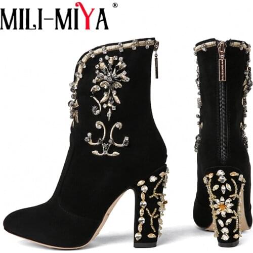 MILI-MIYA Fashion Women Kid Suede Ankle Boots Zipper Round Toe Crystal Square Heels Spring/Autumn Party Shoes Plus Size 34-43