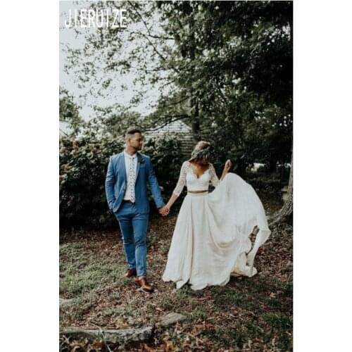 JIERUIZE Fashion Two Pieces Wedding Dresses Half Sleeve V Neck Button Back A-Line Boho Country Bridal Gowns vestido de noiva