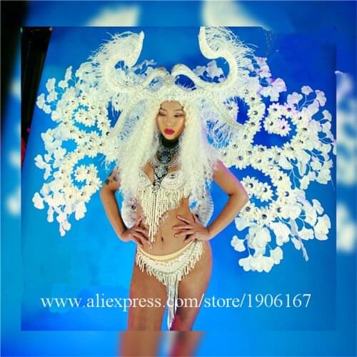 Nightclub White Christmas Sexy Lady Bikini Suit Ballroom Costumes White Leaves Stage Performance Angel Wings Christmas Outfits