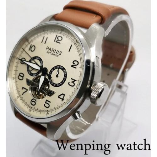 New 2021 Parnis 48mm Big Dial Men Watch Automatic Mechanical Brown Strap Calendar Week Display Mens Watches relojes para hombre