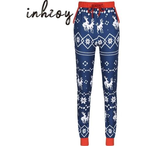 Autumn Winter Adult Christmas Clothes Drawstring Geometric Elk Printed Jogger Pants Women Men Trousers Bottoms Holiday Costume