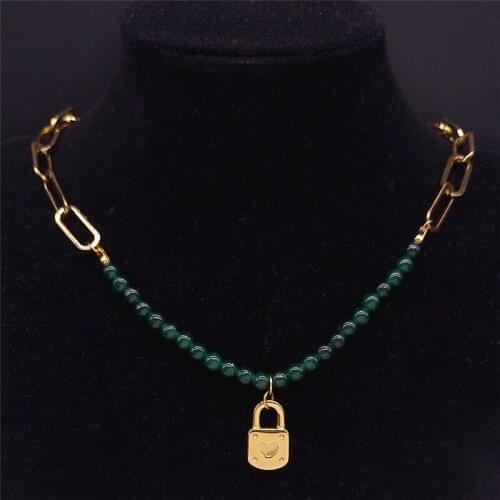 Stainless Steel Green Natural Stone Lock Charm Necklaces Women/Men Gold Color Necklaces Jewelry kettingen voor vrouwen NK51S04