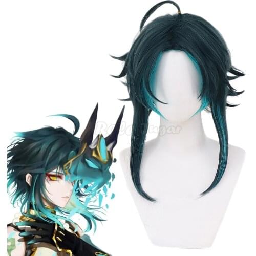 Anime Genshin Impact Xiao Cosplay Wig Adult Women Girls Dark Green Synthetic Short Straight Heat Resistant Hair Wigs C30M151