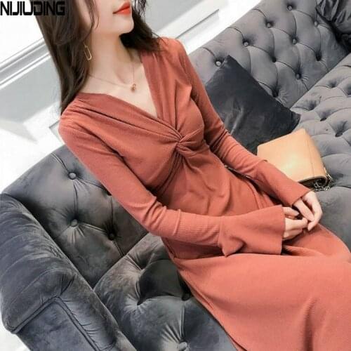 NIJIUIDNG Elegant Autumn Winter Basic Maix Sweater Dresses Women Solid Bodycon Thick Dress Female Jumper V-neck Slim Knit Dress