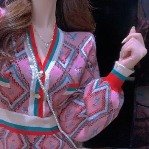 New Autumn Fashion Women Classic Design V-neck Long Sleeve Dress Buttons Plaid Flowers Knitted Elegant Straight Midi Dresses