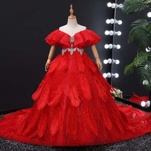 Flower Girl Dresses Illusion Short V-Neck Tulle Lace Embroidery Sequined Crystal Princess Floor-Length Red Kids Party Gown H577