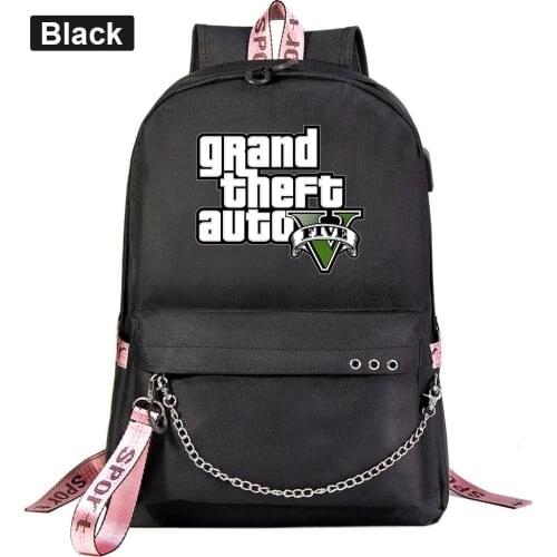 Grand Theft Auto USB Backpack School Bags Black Pink Mochila Travel Bags Laptop Chain Backpack Headphone USB Port