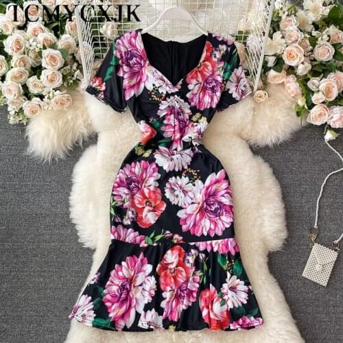 Sexy V-Neck Slim Midi Floral Trumpet Dress Summer Women Short Sleeve Purple Vintage Elegant Wrap Dresses Evening Party Dresses