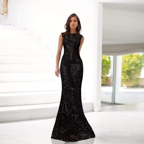 Sexy Black Sequined Long Prom Dresses Mermaid O Neck Sleeveless Women Party Dress